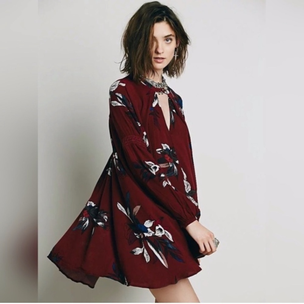 Free People Womens Tree Swing Red Maroon Mini Dress Floral Printed Tunic Size XS